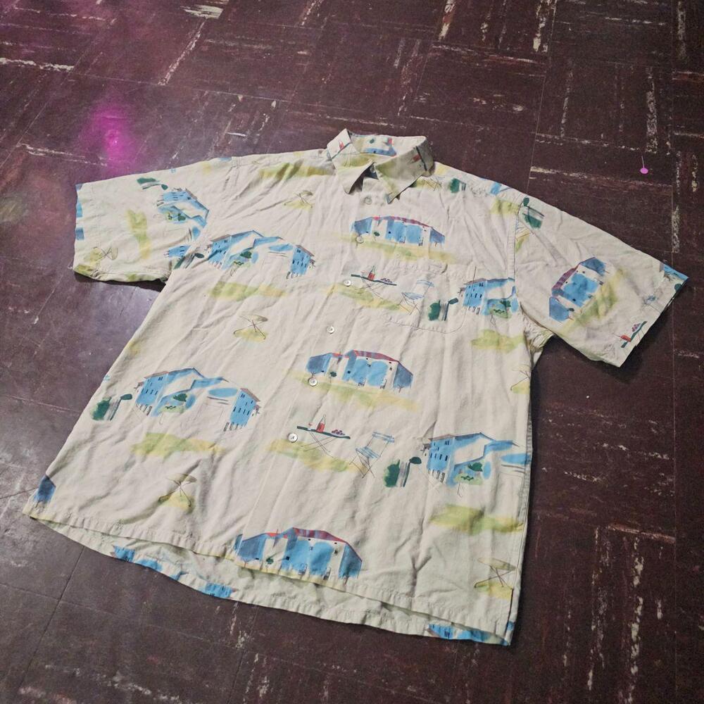 Silk Button Up Shirt Riscatto All Over Print Village Scenic Cream (M) ✨